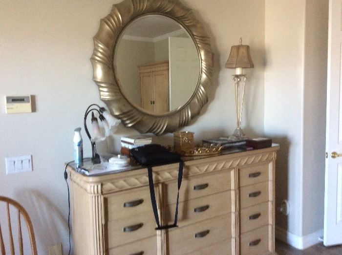 Large round gold mirror, bedroom set dresser