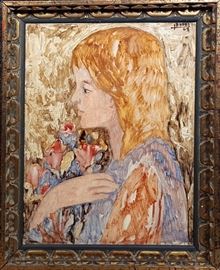 Jacques Boeri 1963 Oil on Canvas Naive Portrait of Girl with flowers