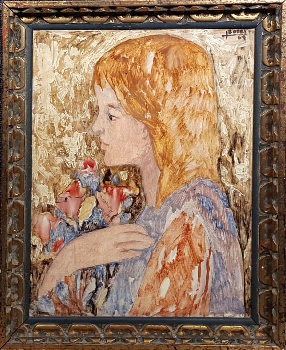 Jacques Boeri 1963 Oil on  Canvas Naive Portrait  of Girl with flowers