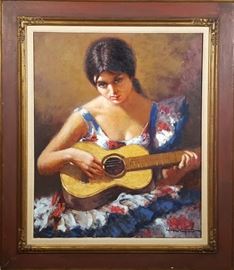 Juan Valera Montoro Oil on Canvas of Young Woman with guitar