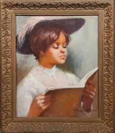 Juan Valera Montoro Oil on Canvas of Young Woman Reading