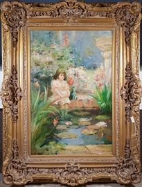 Art Oil On Canvas GIrl By Pond