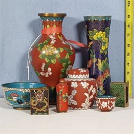 Collection of Cloisonne Vases, bowls, snuff bottle, match safe and ginger jar