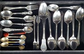 Sterling Silver with French "Lovers Knot" serving spoon, 6 guilloche enameled coffee spoons, 6 Gorham "Late Georgian" soup spoons, 2 Lunt "Old Dominion" pickle forks, Gorham "Scranton" souvenir spoon, International teaspoon, Reed & Barton "Heritage" fork, Gorham / Whiting "Madam Jumel" spoon, & Gorham "Bedford" teaspoon (18.4 Troy oz.)