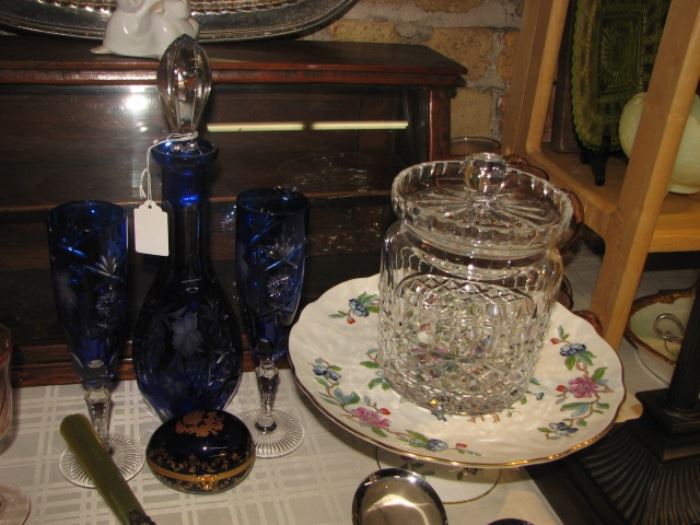 Waterford, Bohemian cut to clear decanter with 2 champagne glasses