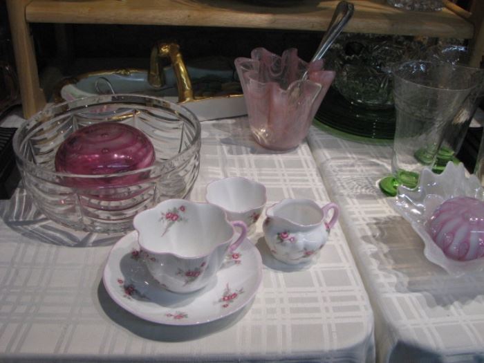 string glass, paperweights, teacups & saucers