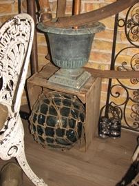 pedestal urn, crate, large blown glass Japanese fish float, bocce balls