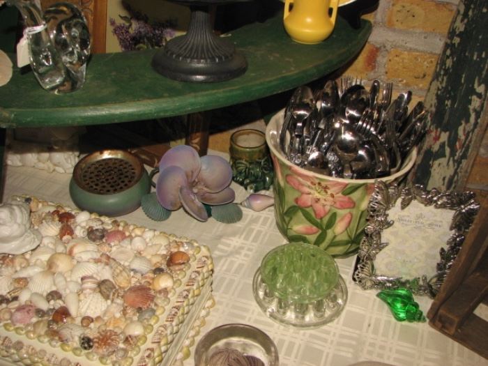 vintage flower frog, shells, party silverware