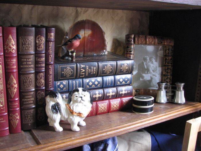 Leather bound books, agate bookends, vintage photos