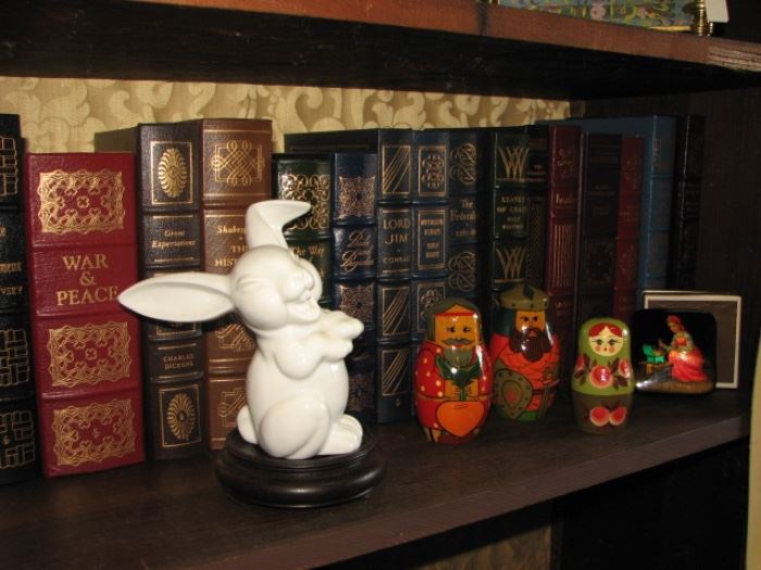 Laughing bunny, Russian nesting dolls, leather bound books