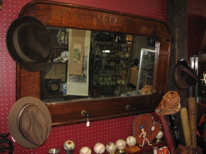 vintage mirror & hats; signed baseballs, bats