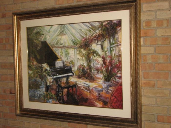 Garden house scene with baby grand piano