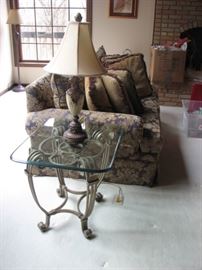 Plunkett loveseat, glass top side table