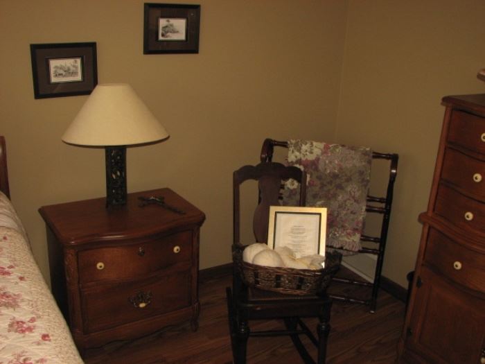 bedside chest, rocker, quilt rack