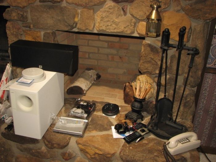 vintage electronics, fireplace tools