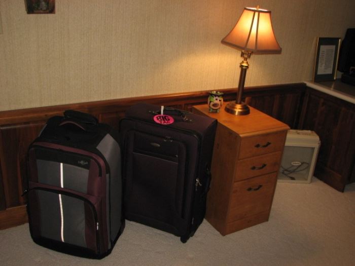 luggage, wood file cabinet