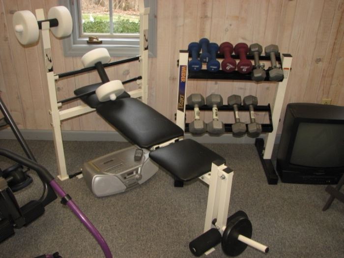 weight bench, dumbells