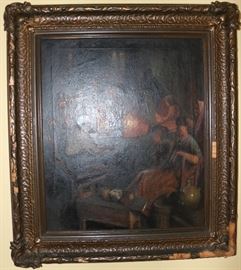 Late 19th c oil painting of glass blowers