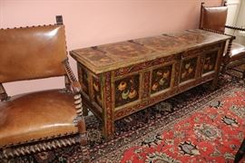 Pair Cromwellian Leather Chairs, painted Storage Chest