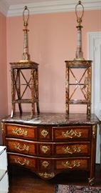 18th C. Marble top Regence Kingwood Serpentine Commode, Faux Bamboo stands, marble column lamps