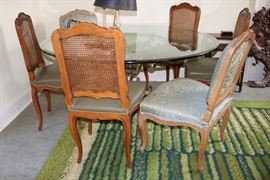 Glass top Iron base table, 4 French caned back & 2 upholstered chairs