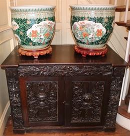 Carved walnut Cabinet, 12 Chinese Large Bowls
