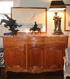 Marble Top Buffet, after Remington Bronze, Chinese 2 part Bronze Man on Horse