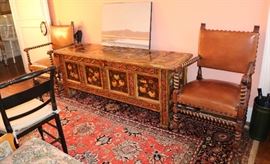 Cromwellian style chairs, painted storage chest