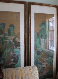 Set of four handprinted, framed Asian watercolors