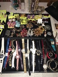 HUGE SECTION OF VINTAGE COSTUME JEWELRY-RINGS, NECKLACES, BROOCHES, BRACELETS, EARRINGS , WATCHES
