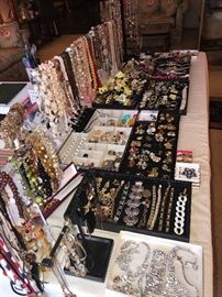 HUGE SECTION OF VINTAGE COSTUME JEWELRY-RINGS, NECKLACES, BROOCHES, BRACELETS, EARRINGS, WATCHES