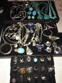 STERLING SILVER JEWELRY/ TURQUOISE AND GEMSTONE JEWELRY-RINGS, NECKLACES, BROOCHES, BRACELETS, EARRINGS 