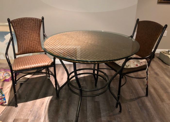 Small glass top table & two chairs