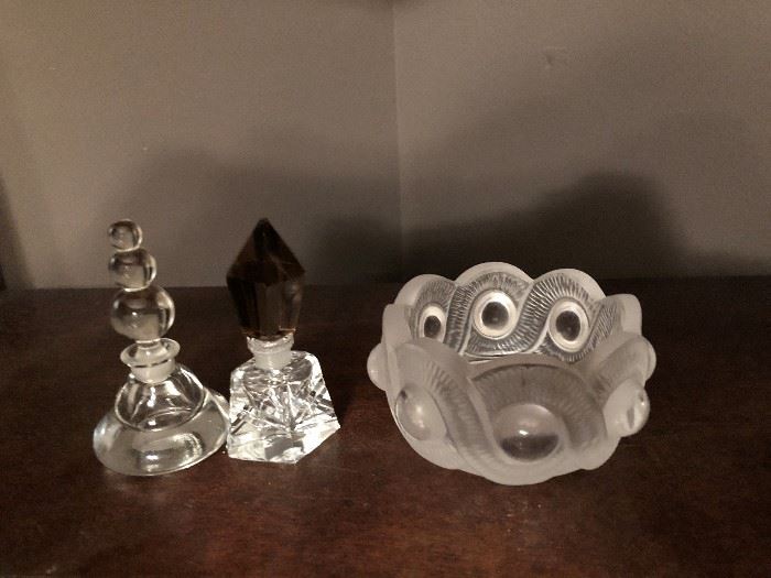 Lalique Dish and Signed Perfume Bottles