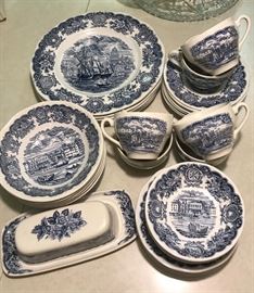 Vintage Historical Ports of Hull made in England Blue Transferware. 
Dinner Plates, Dessert/ Salad Plates, soup bowls tea cup and Saucers, covered butter dish 