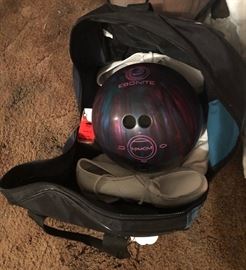 Ebonite Maxim bowling ball, shoes and bag