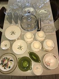 The Knolls “Forsythia” China Set 
Vintage Depression Glass in Green and Clear