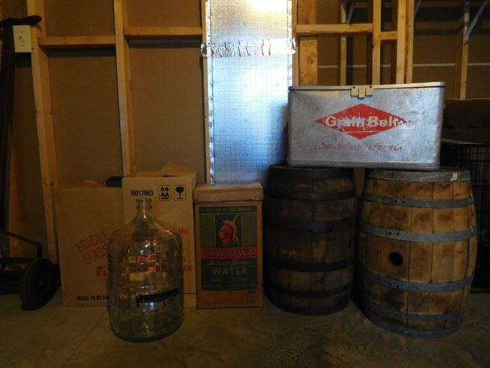 4 glass carboys, 2 oak barrels for wine making, vintage grain belt cooler