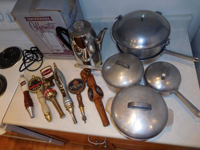 Vintage coffeematic, heavy cast aluminum pots & pans, beer taps