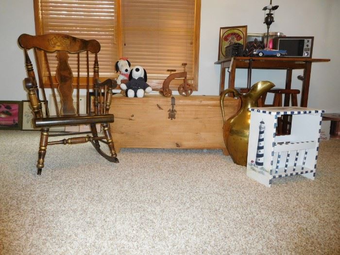 Bicentennial Rocking Chair, Chest, Brass Vase, Lighthouse table