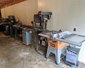 • Ridgid 10” Professional Table Saw
• Sears/Craftsman 15.5” Drill Press Floor/Stand
• (2) Sears/Craftsman 12” Band Saw/Sander w/Stand
• Delta 6” Professional Jointer
• Delta 6” Belt/9” Disc Sander w/Stand
• DeWalt DW713 10” Compound Miter Saw w/Stand
• Delta BOSS Bench Oscillating Spindle Sander w/Stand
• Sears/Craftsman 10” 2.5HP Table Saw
• Craftsman Hollow Chisel Mortiser
• Sears/Craftsman Bench Top Shaper/Router
• Rockwell Table Jig Saw
• Craftsman 16” Variable Speed Scroll Saw