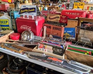 Vintage point of purchase automotive displays. Coca cola cooler. License plates. Glass gas pump inserts.