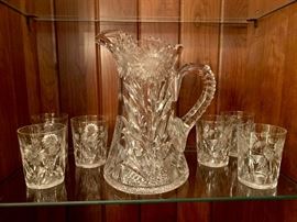 gorgeous heavy cut glass lemonade set with daisies and butterflies