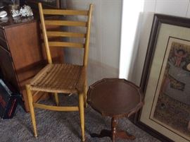 Woven seat chair, small vintage occasional table