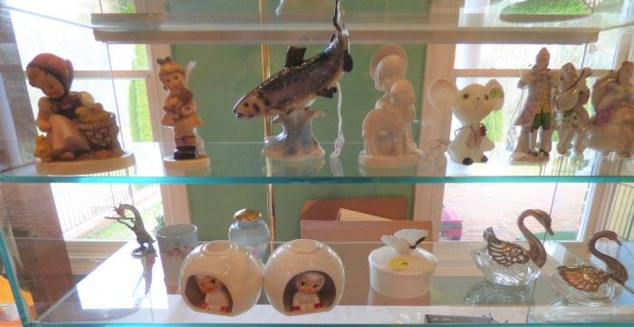 Goebel fish figurine, Hummels, Holt Howard Snow Babies in igloo candleholders, etc