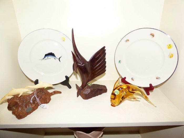 Wood carved fish, Murano glass fish, decorative plates