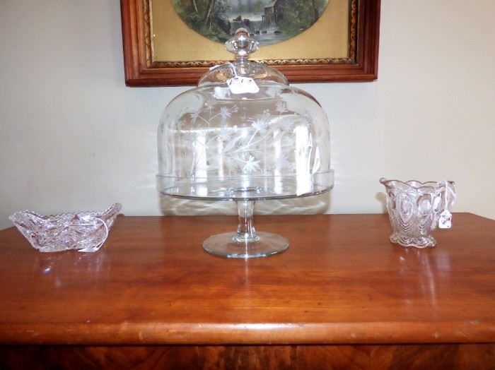 Etched glass cake pedestal, EAPG feather pattern creamer, American Billiant cut glass bowl