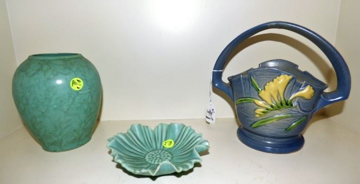 Roseville Freesia basket, other unsigned pottery pieces