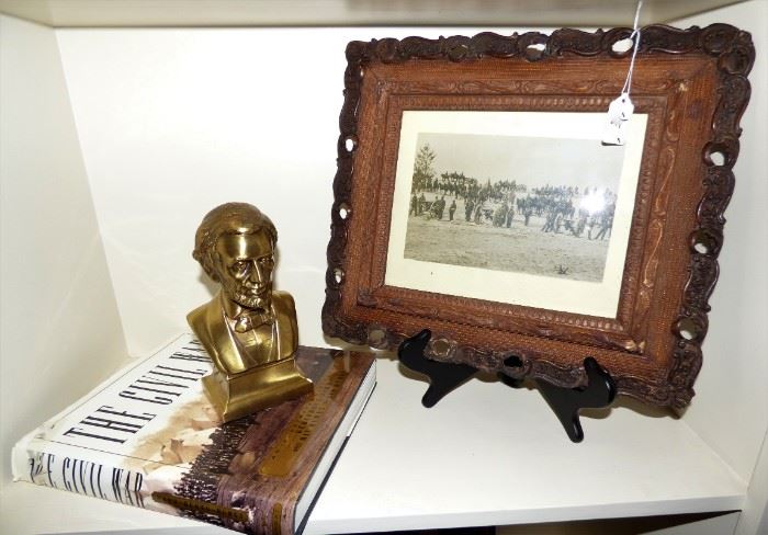 Civil War picture in antique frame, Abe Lincoln bust, The Civil War Book