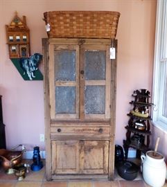 Antique Pie Safe with punched tin doors, large oak splint woven basket, Folk art on wall, primitive corner curio shelf, butter churn with dasher & lid, etc